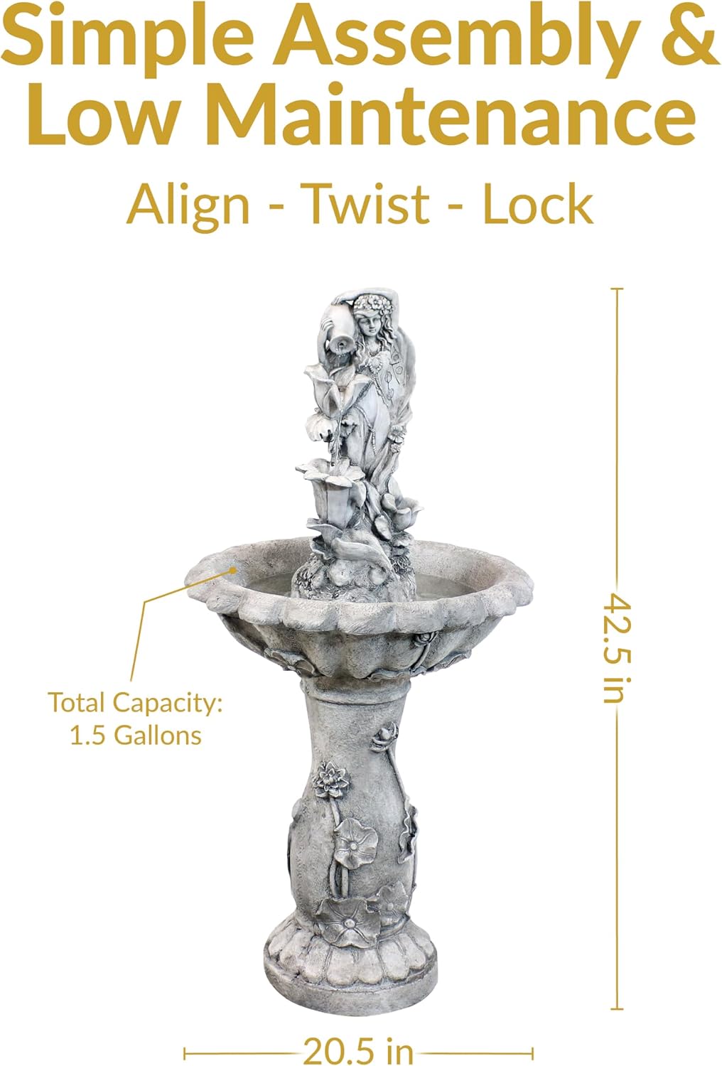 Sunnydaze Fairy Flower Solar Water Fountain - 42-Inch Outdoor Water Feature with LED Light - for Garden, Patio, Decks