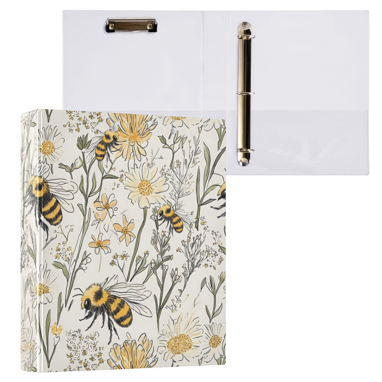 ALAZA 3 Ring Binder Funny Bee Floral Clipboard Round Ring Binder Holds 1.5 Inch Three Binders Heavy Duty Binders for Office Supplies, 1Pack