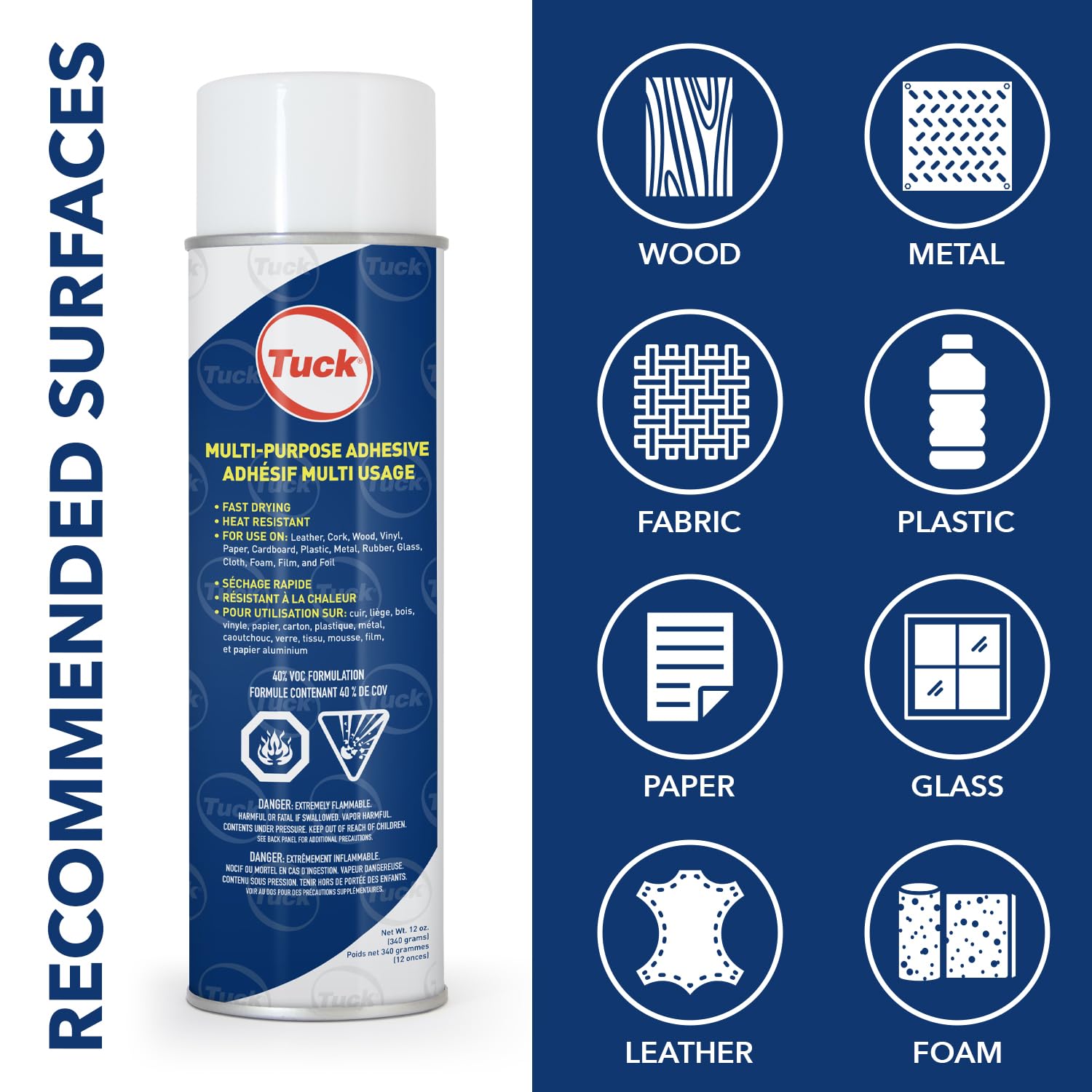 Tuck Multi-Purpose Spray Adhesive, 12 oz – Clear Fast-Bonding Web Spray for Leather, Wood, Vinyl, Paper, Plastic, Metal, Glass, Foam & More – Low VOC, 3-Way Adjustable Nozzle (12-Pack)