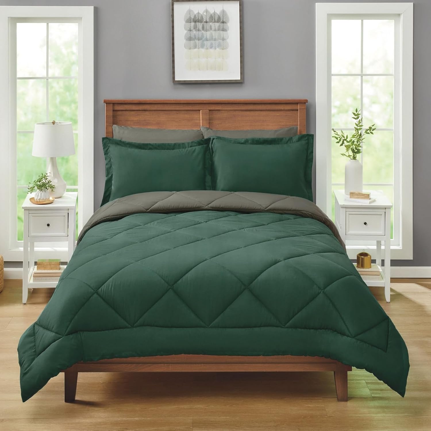 All-Seasons Reversible Bedding Comforter Set, Lightweight Down Alternative, Soft Velvety Fabric, Diamond Quilting, Hunter Green/Olive, Twin