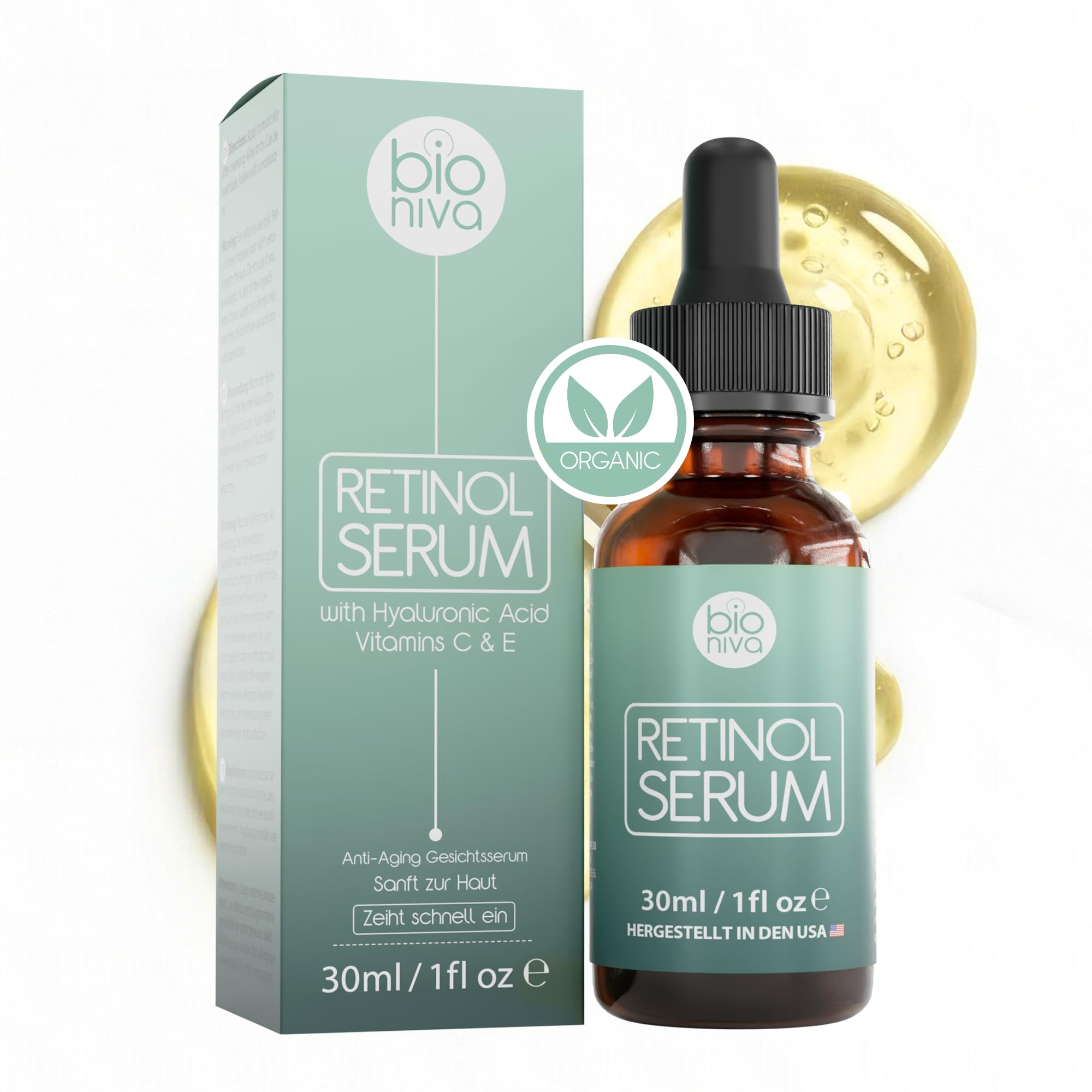 BIONIVA 100% Natural Retinol Serum 0.25% – With Hyaluronic Acid, Vitamins C & E, Aloe Vera, and Jojoba Oil – Targets Fine Lines, Wrinkles & Uneven Tone – Fast-Absorbing, Vegan & Organic, 30 mL