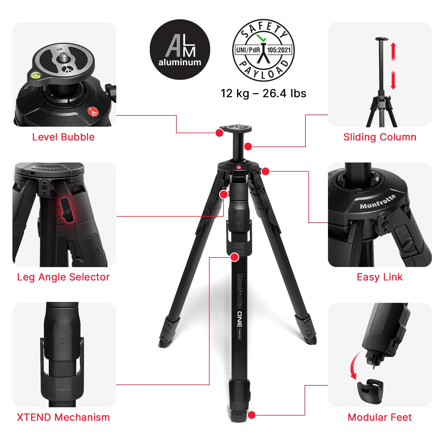Manfrotto ONE Photo, Treppiede Professionale in Alluminio, Portata 12kg, Colonna Orizzontale 90°, Gambe XTEND a Apertura Rapida, Piedi Modulari (Gomma/Spikes), per Fotocamere DSLR e Mirrorless