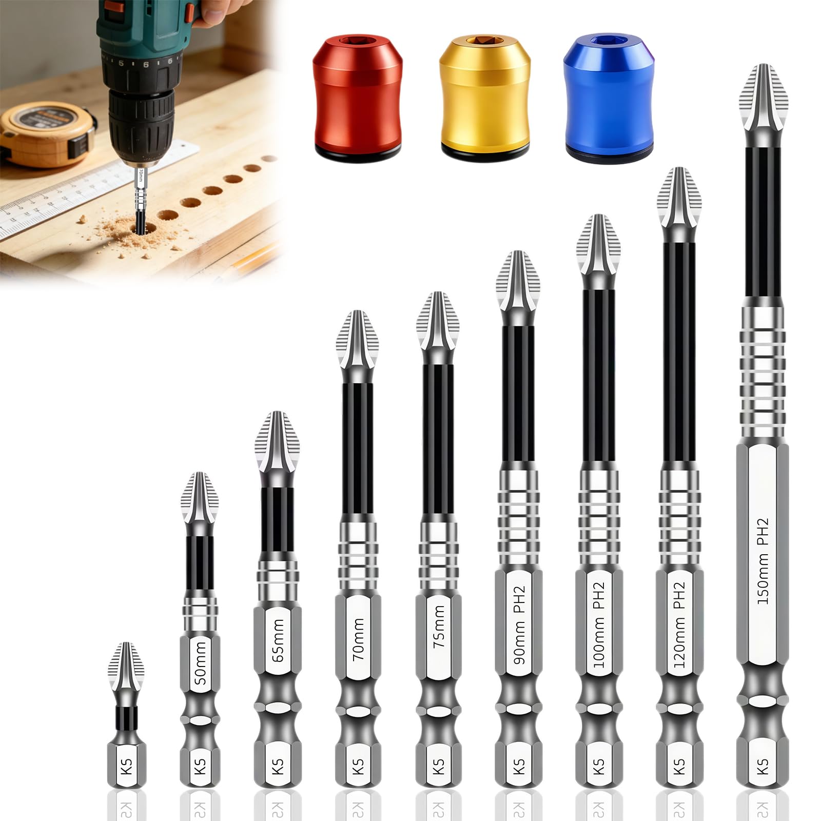 Briocht Screwdriver Bit Set, Impact Driver Bits, Anti Slip Drill Bits with 3pcs Strong Magnetic Screw Ring, PZ2 Bits, Long Alloy Steel Driver Bits for Electric Drill, Power Screwdriver and DIY Repairs