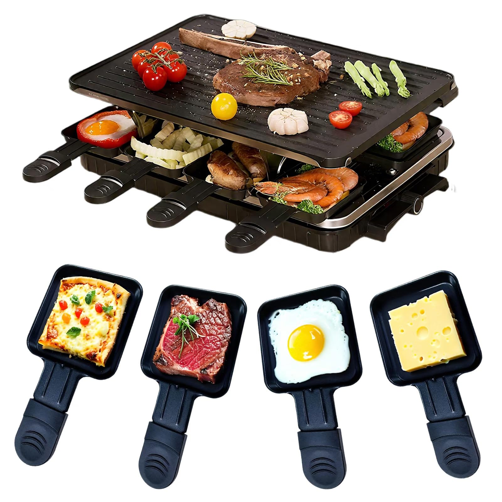 Parrilla de interior sin humo, parrilla coreana 2 en 1, parrilla eléctrica Raclette, utensilios de cocina con 8 mini parrillas para queso, regalo de Navidad, control de temperatura antiadherente
