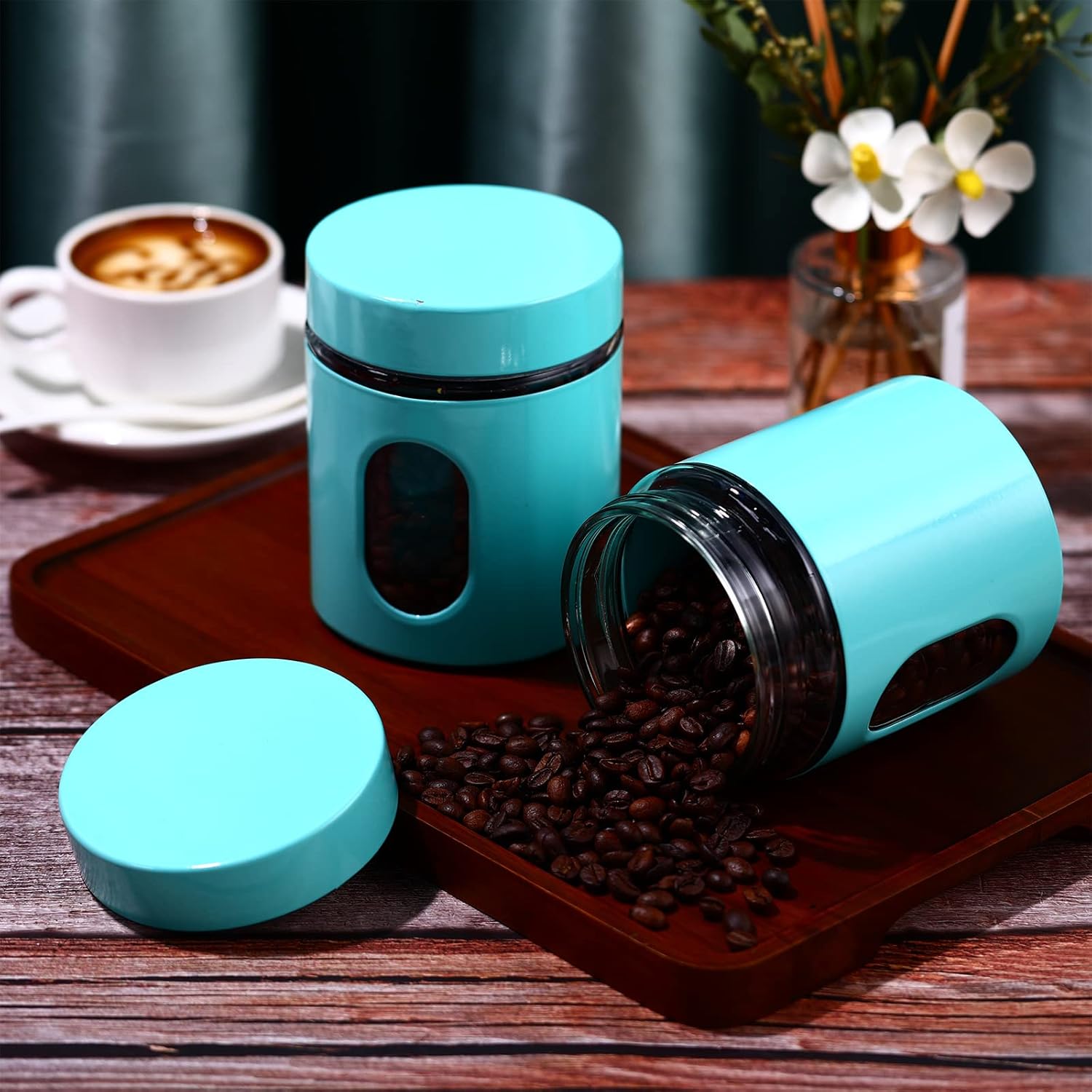 6 Pack Kitchen Canisters Set 20 oz Airtight Stainless Steel Canister Food Storage Container with Window Glass, Coffee Sugar Candy Jars Tea Organizer for Flour Cookies Spices Grains Kitchen(Turquoise)