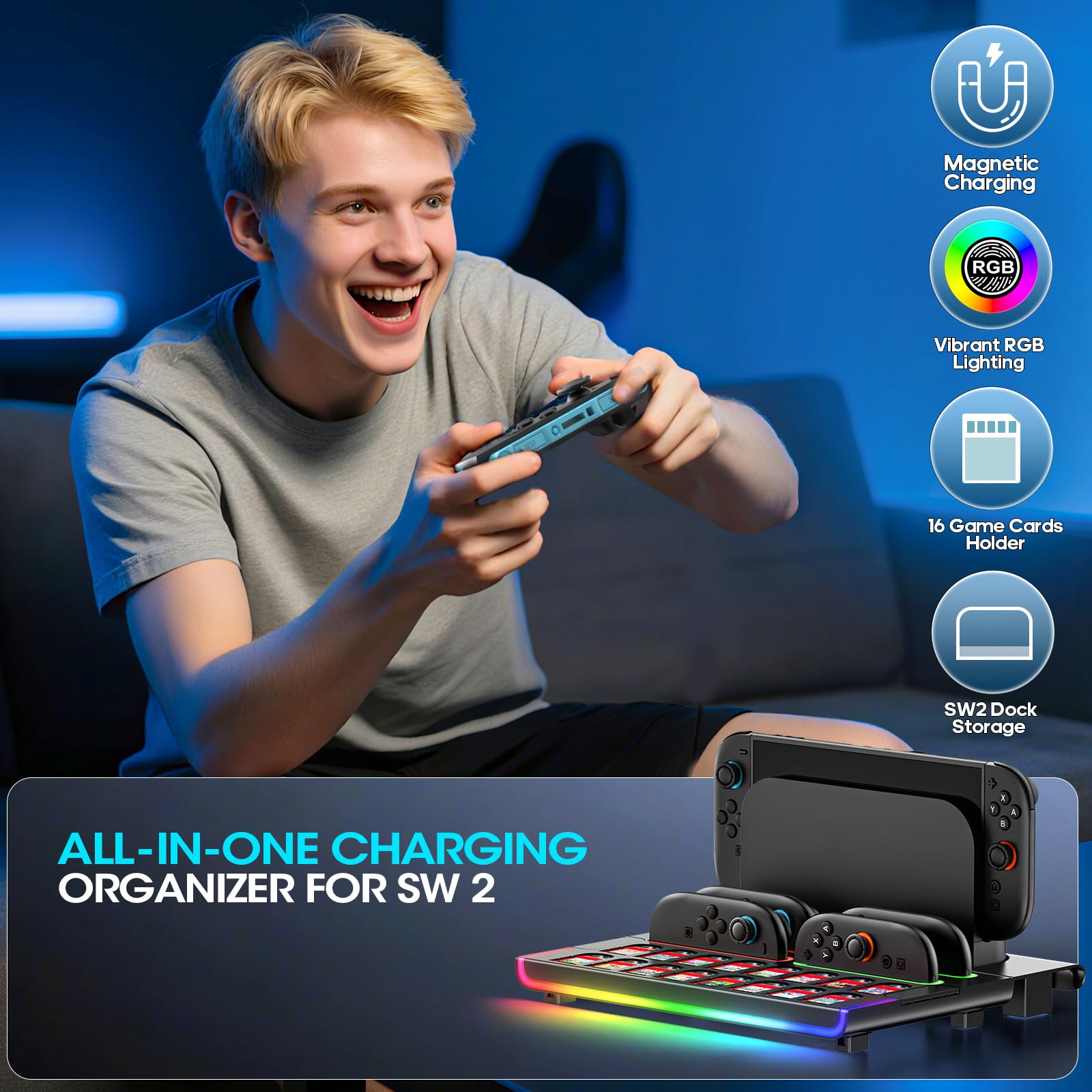 Estación de Organización para Switch 2 2025 Consola & Mando , Rápida Magnética Base de Carga para Joy-Con 2 con 9 Modos RGB, Dock de Almacenamiento para Switch 2 Accesorios para 16 Tarjetas de Juego