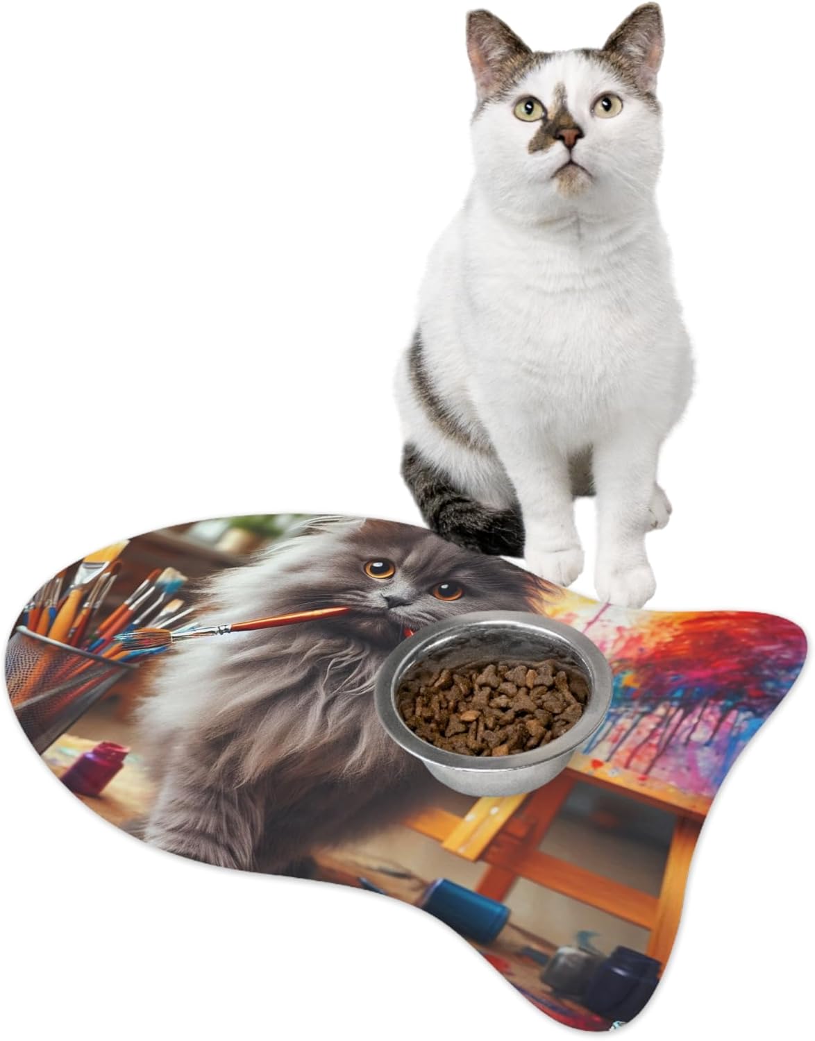 Realistic Painter Cat Vibrant Colors Anti-Slip Pet Feeding Mat