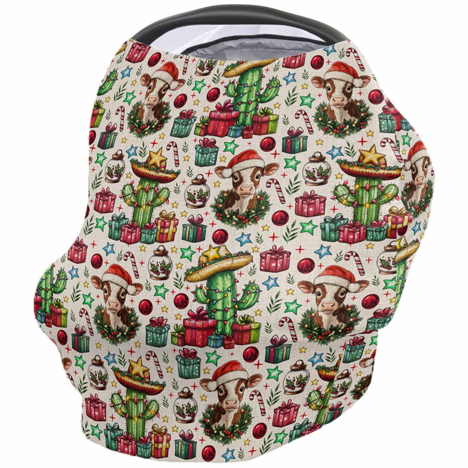 Nursing Cover for Breastfeeding Scarf, Western Christmas Cow Hat Cactus Gifts Ball Retro Baby Car Covers Super Soft Multi Use for Canopy Shopping Cart Cover Blanket Stroller Cover