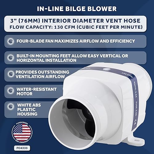 Miniatura 2 de Five Oceans Soplador de sentina en línea, soplador de motor de barco, para manguera de ventilación de diámetro interior de 3 pulgadas, 12 voltios,