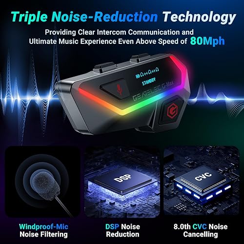 Miniatura 3 de GEARELEC Auriculares Bluetooth para casco de motocicleta V5.2BTSonido estéreo de alta fidelidadPantalla y luces RGB 80Mph Sistemas de comunicación