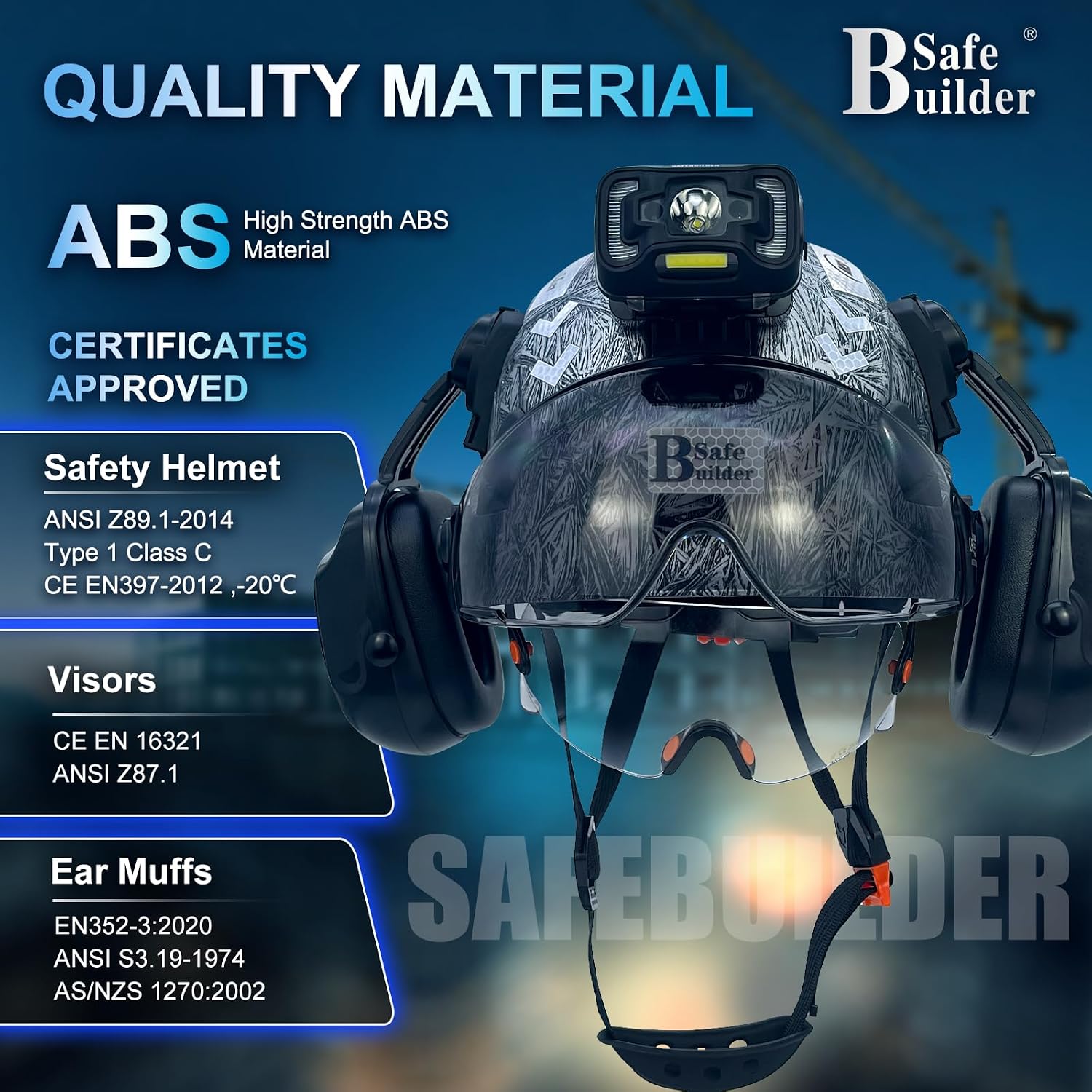 SAFEBUILDER Hard Hats with Visor and Build in Headlight Ear Muffs Lightweight Vented Safety Helmet Headlamp for Construction Industrial Outdoor Work ANSI Z89.1 Approved
