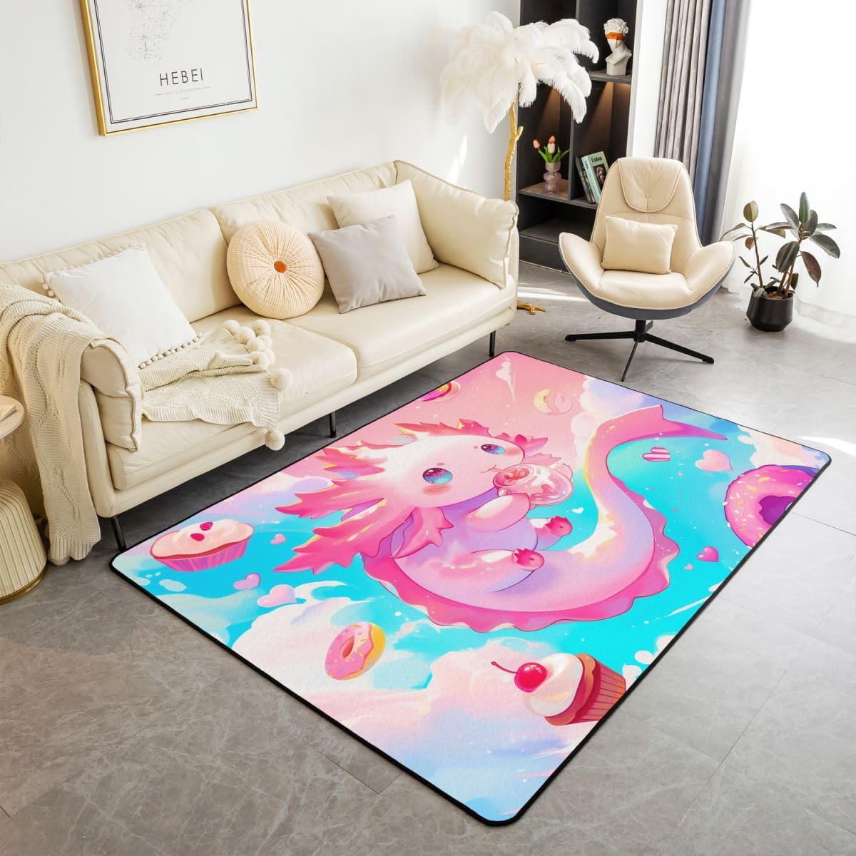 jejeloiu Cute Axolotl Area Rug 3x5 Polyester Rainbow Donut Living Room Rugs for Bedroom Cartoon Animal Decor Carpet Glitter Galaxy Indoor Floor Mat Soft Non-Slip