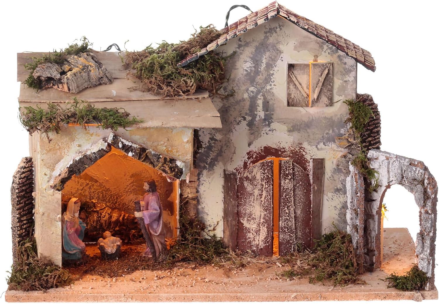 Nativity Scene Stable Straw Moss Wood Arch 8 cm 30x50x25 cm, with figurinesHeight: 30 cm|Width: 50 cm|Depth: 25 cm