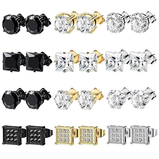 NEWITIN 12 Pairs Stainless Steel Stud Earrings for Men Hypoallergenic Earrings Inlaid Cubic Zirconia Men Earrings Hoop Earrings Stud Earrings for Women Men