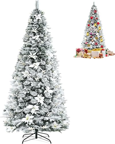 POWERSTONE Árbol de Navidad blanco nieve de 8 pies con bayas y flores de Pascua para decoración de vacaciones en el hogar, oficina, base plegable