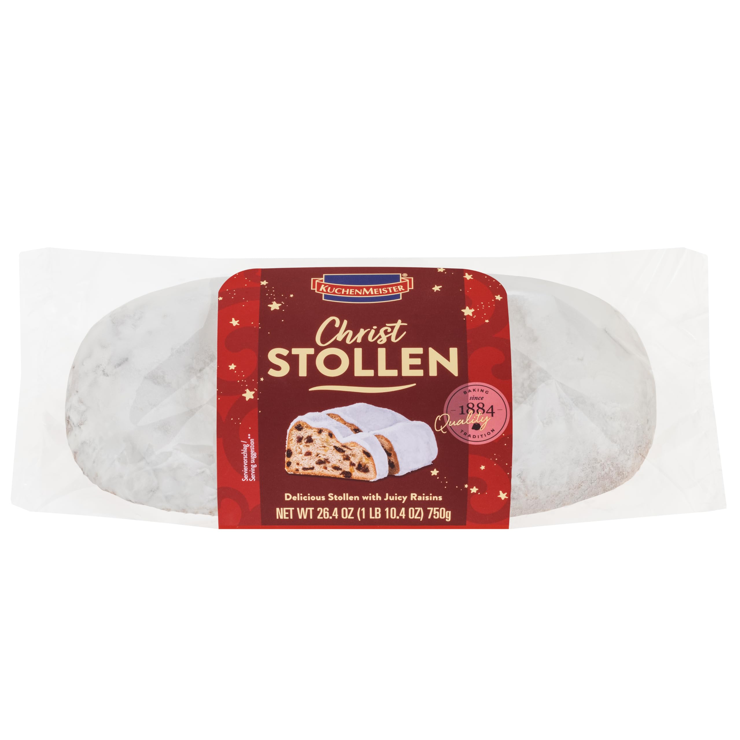 KuchenMeister Christ Stollen 750 g | Saftiger Stollen vegan gefüllt mit Rosinen und kandierten Früchten | nach traditionellem Rezept | 1 x 750 g