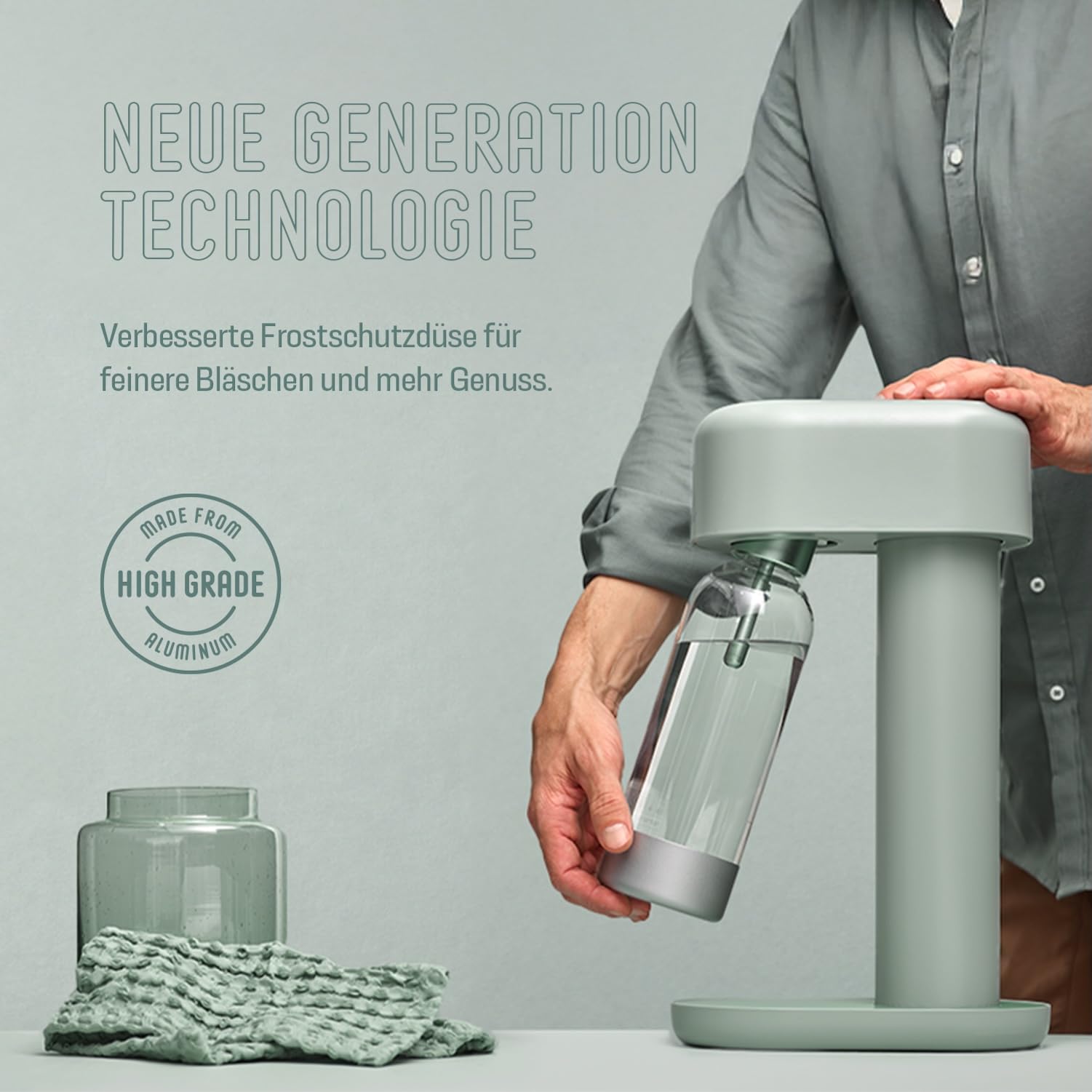 Mysoda: Stilvoller Ruby 2 Wassersprudler aus robustem Aluminium (ohne CO2-Zylinder) mit hochwertiger 1-Liter-Wasserflasche in Premiumdesign - Salbeigrün (Pigeon)