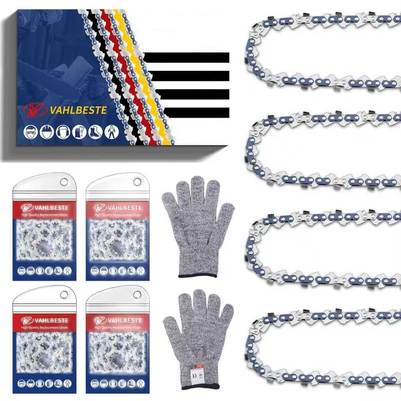 Lot de 4 Chaîne de Tronçonneuse 3/8"LP 45 maillons 1,1 mm, Chaine Tronconneuse pour Guide Tronconneuse 30 cm, Avec Boucle & Gants, Compatibles avec OCS1830/ RAC227, AKE 30 Li, 436Li, T535iXP
