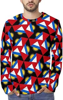 Antigua and Barbuda Flag Men's Long-Sleeved T-Shirts, Crew Neck Tops, Casual Sports Pullovers