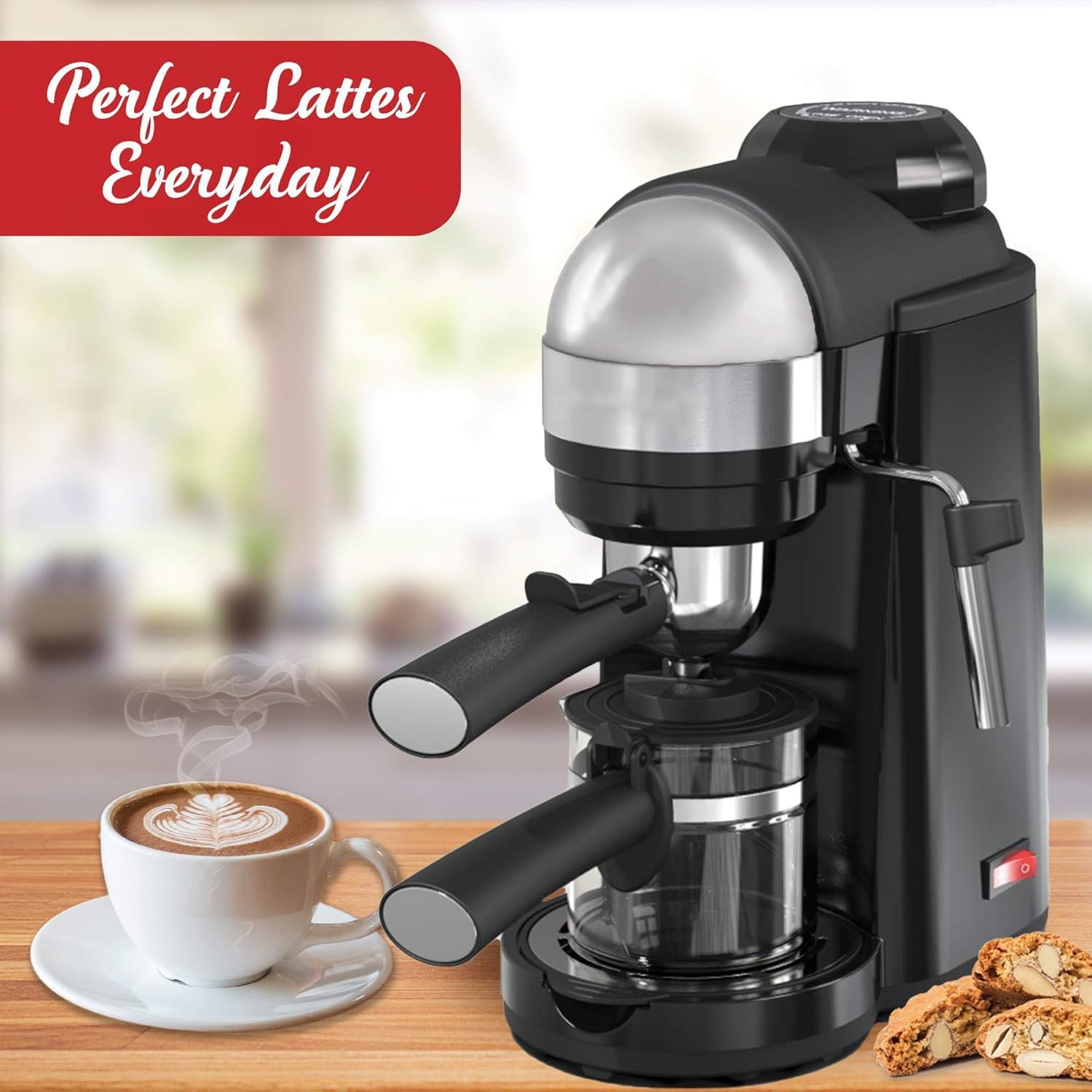4 Cup Espresso and Cappuccino Maker with Steam Wand – Compact Coffee Machine with Milk Frother and Stainless Steel Filter, Black
