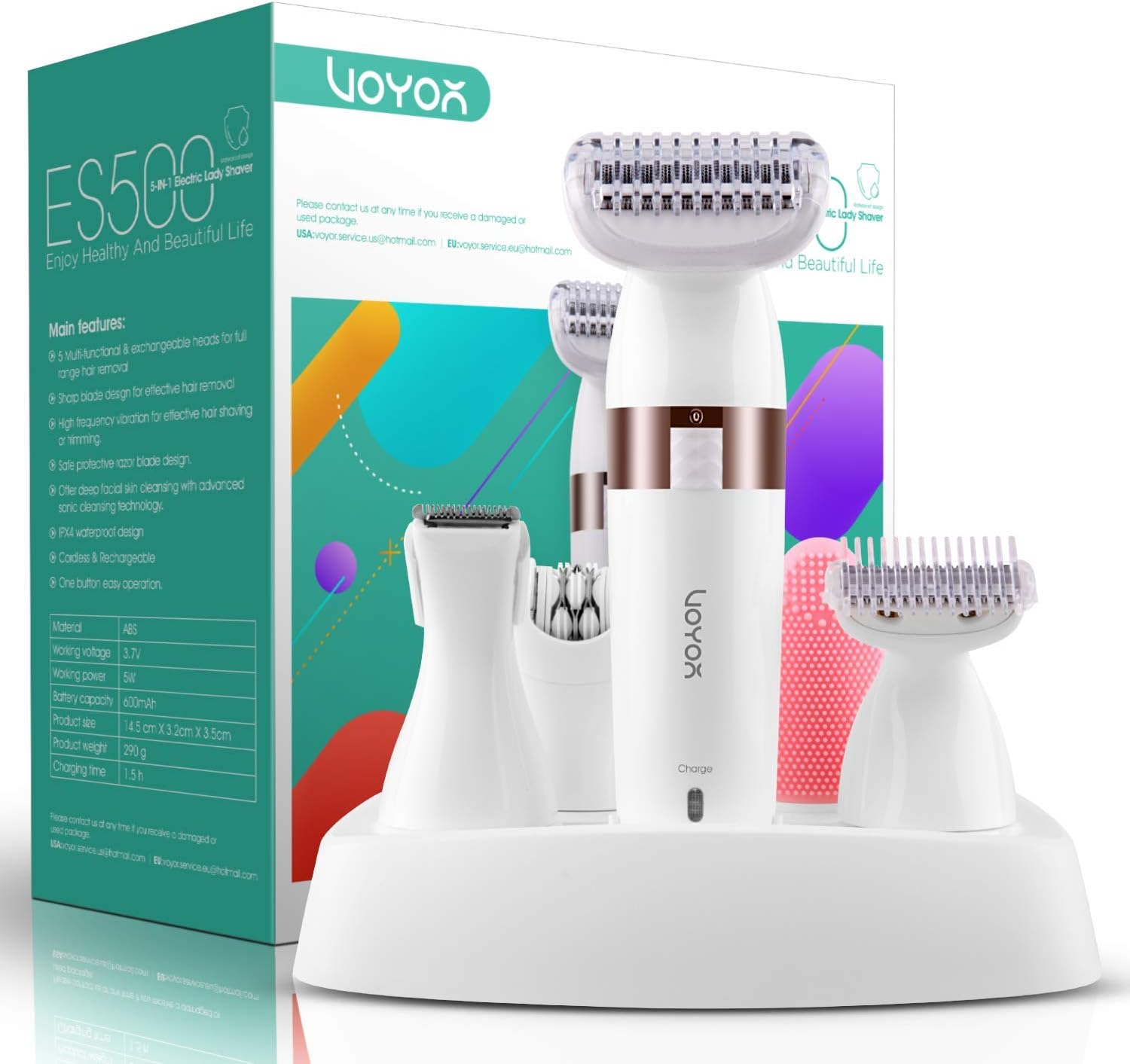 Electric Shaver for Women Bikini Trimmer Hair Remover for Face Body, 5 in 1 Groomer Kit Lady Shaver Razor for Hair Trimmer, Cordless Rechargeable Waterproof ES500