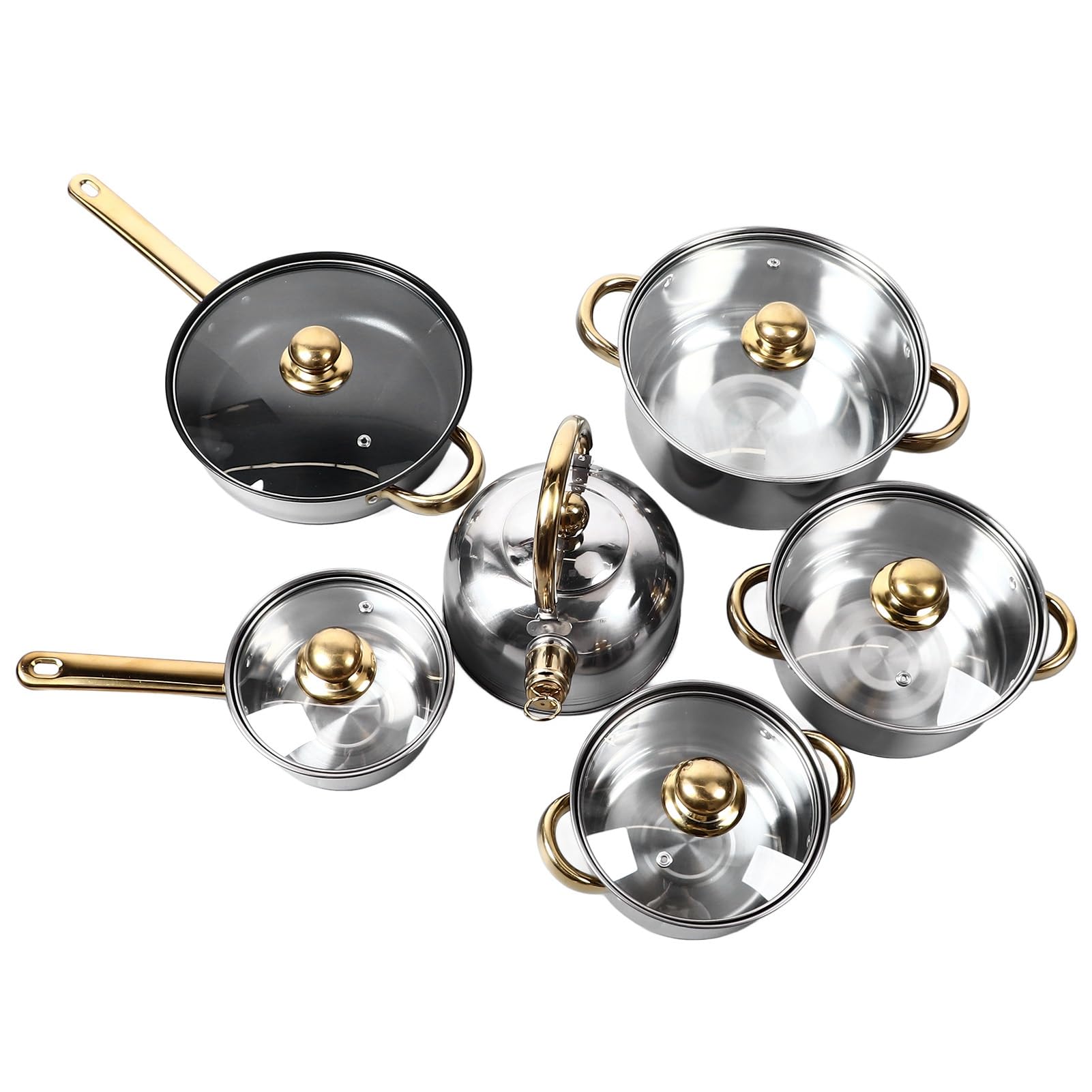 Set di pentole e padelle da in acciaio inossidabile da 12 pezzi con manici dorati Set completo di pentole e padelle per casalinga Dimensioni multiple Compatibile con induz