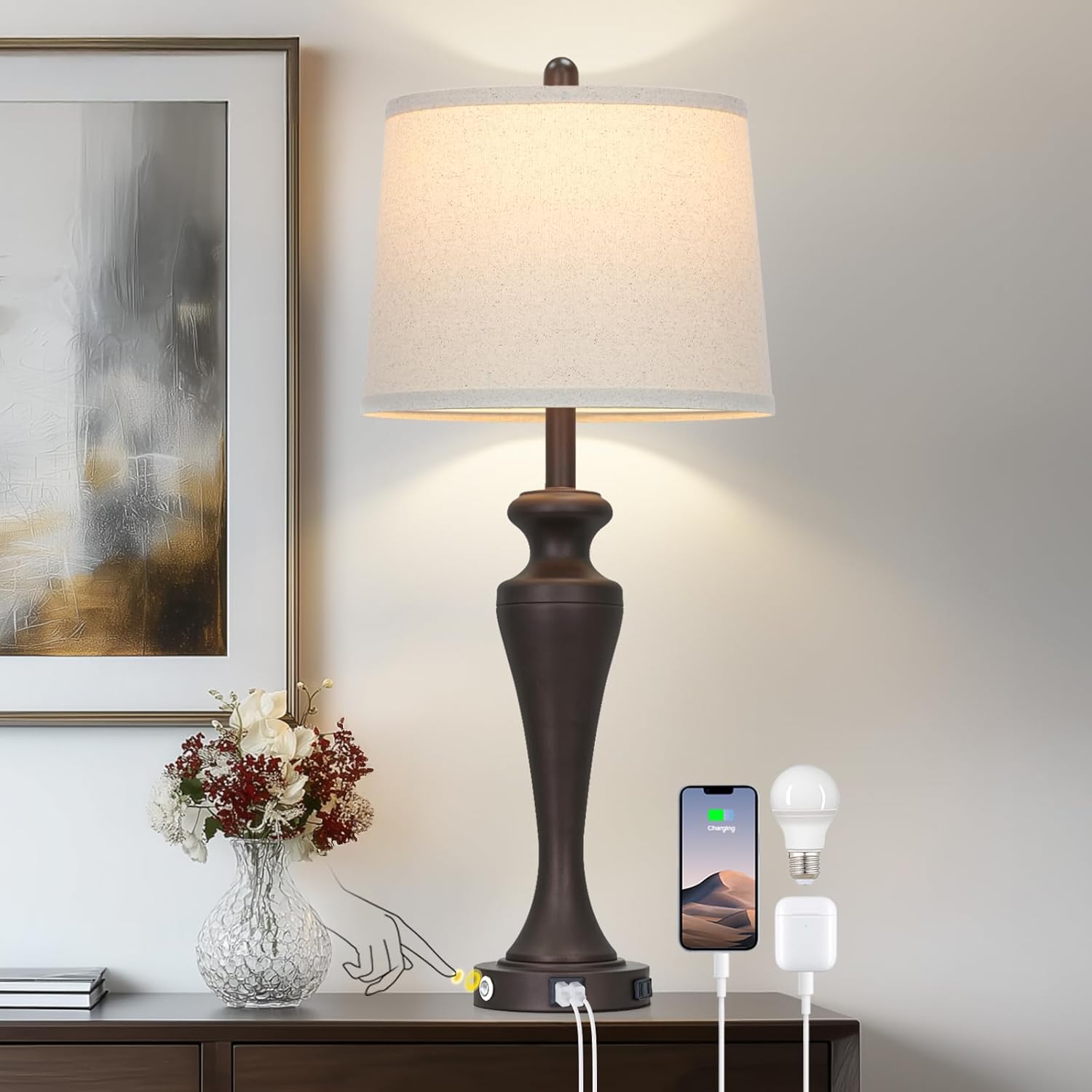 30 Inch Tall Brown Table Lamp Single, Touch Control Living Room Lamp with USB A+C Ports and AC Outlet, 3-Way Dimmable Bedside Lamps for Nightstand, Modern Metal Bedroom Lamps for End Table