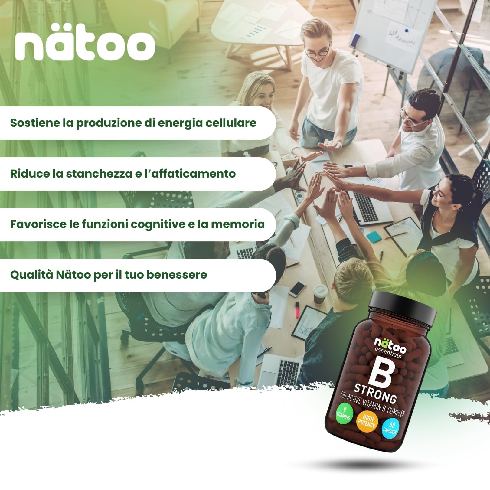 NÄTOO Vitamina B Complex Strong 60 Capsule con Vitamina B1, B2, B3, B6, B9, Colina, B7, B8, B12, nella loro Forma Bio-Attiva, 2 Mesi di Fornitura
