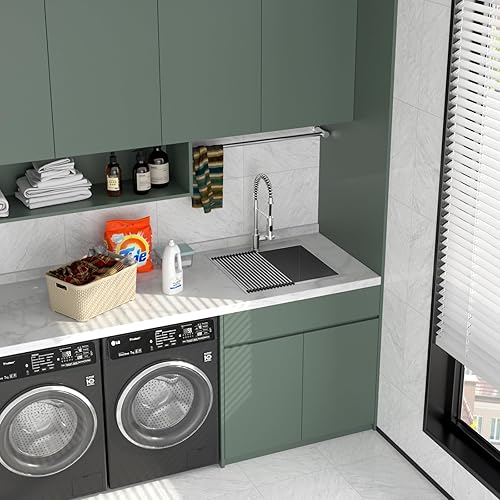 Vista 58 de Logmey Fregadero de cocina negro de 33 x 22 pulgadas, estación de trabajo SUS304, calibre 16, acero inoxidable, cuenco individual, montaje superior