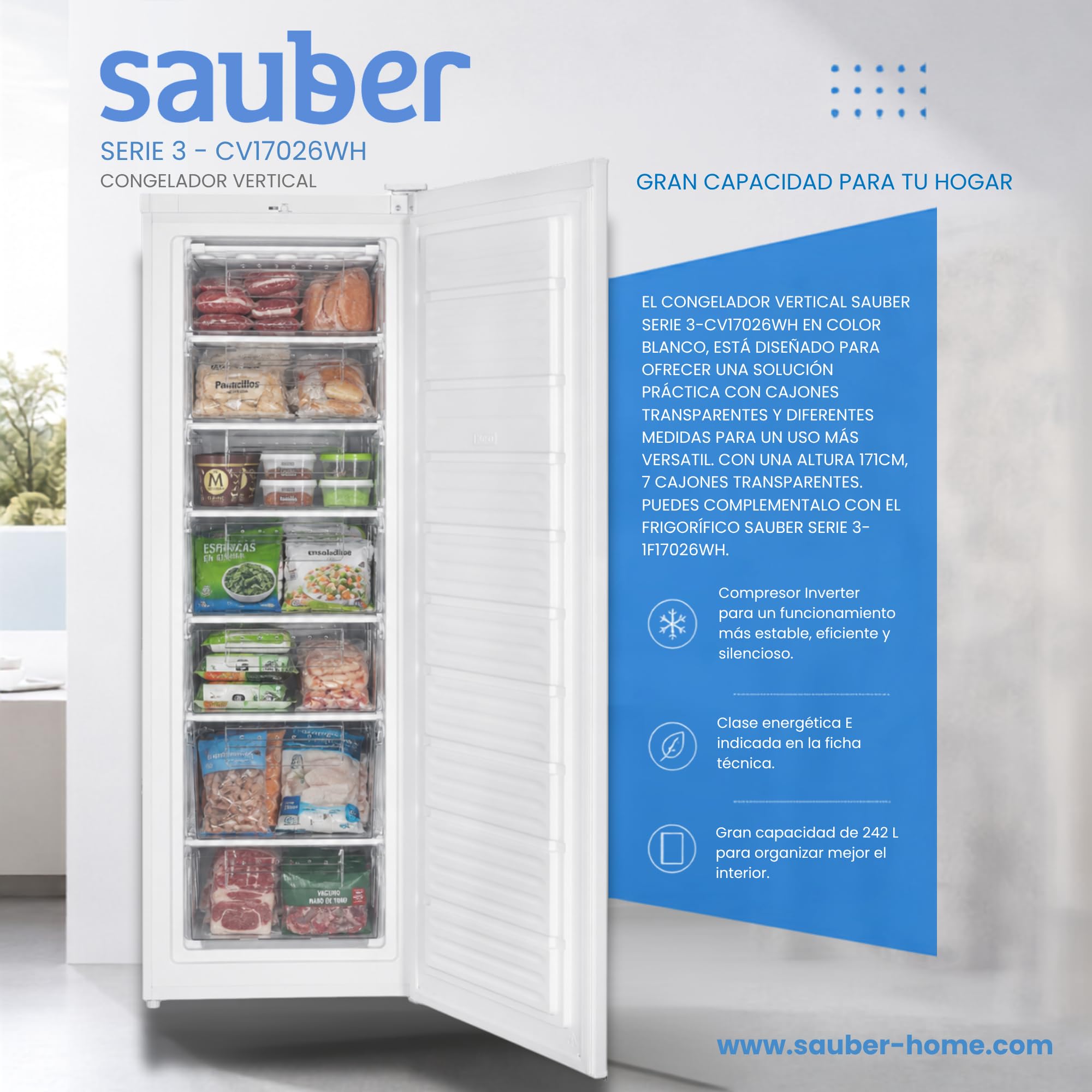 Sauber, Congelador Vertical 1 Puerta SERIE 3-CV17026WH, E, Puerta Reversible, Blanco, 171 x 60 cm, 7 Cajones, Capacidad 242 Litros, Motor Inverter, ENTREGA Y RETIRADA EN DOMICILIO