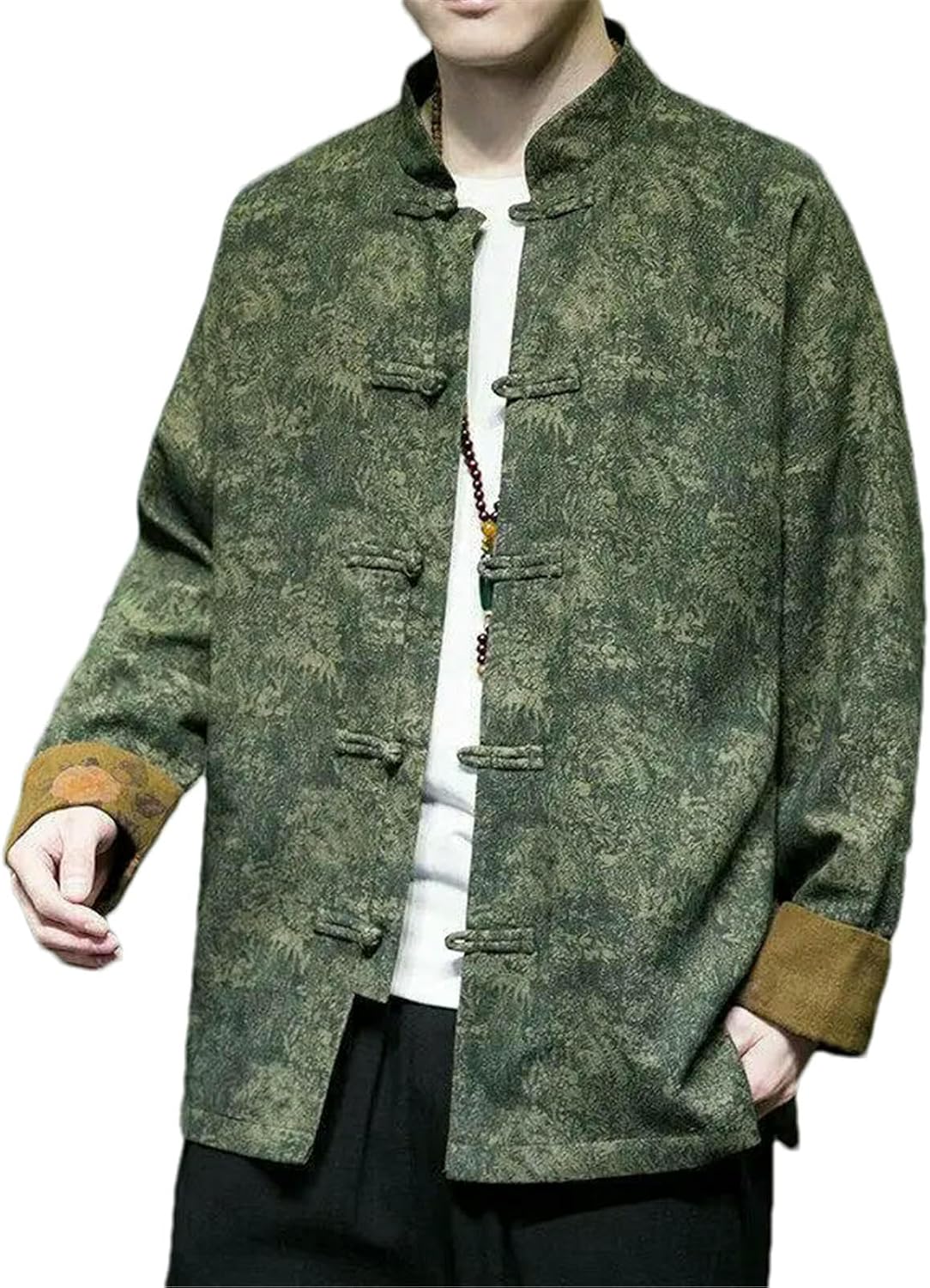 JXQXHCFS Men Chinese Style Tang Suit Shirt Spring Autumn Floral Print Hanfu Coat Frog Button Long Sleeve Traditional Kung Fu
