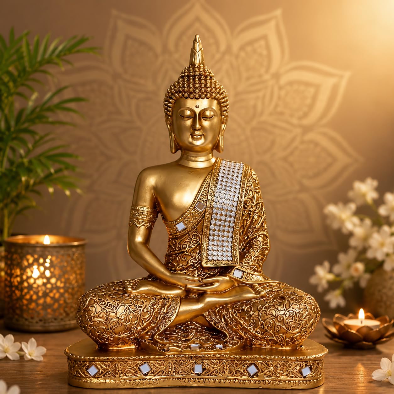 Sitting Buddha Statue - Orange Resin Idol -3