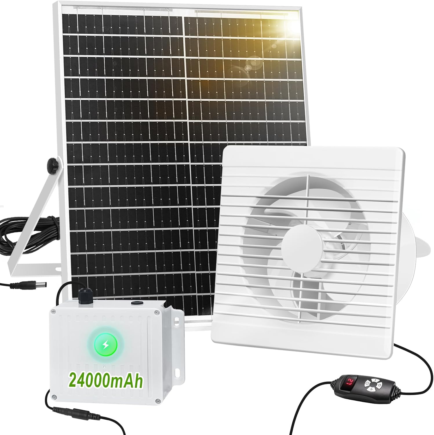 Solar Exhaust Fan with 24000mAh Battery Day & Night Work Fans, 25W 9.8" Solar Ventilation Fan for Chicken Coop with Timer, Waterproof Greenhouse Solar Powered Fan for Shed, Pet Houses, Outdoor Cooling