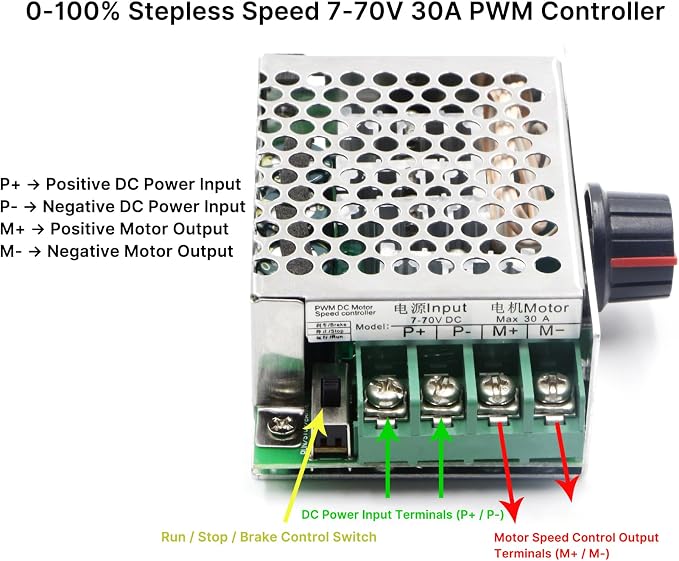 Controlador de velocidad para motor DC 7-70V 30A PWM miniatura 4