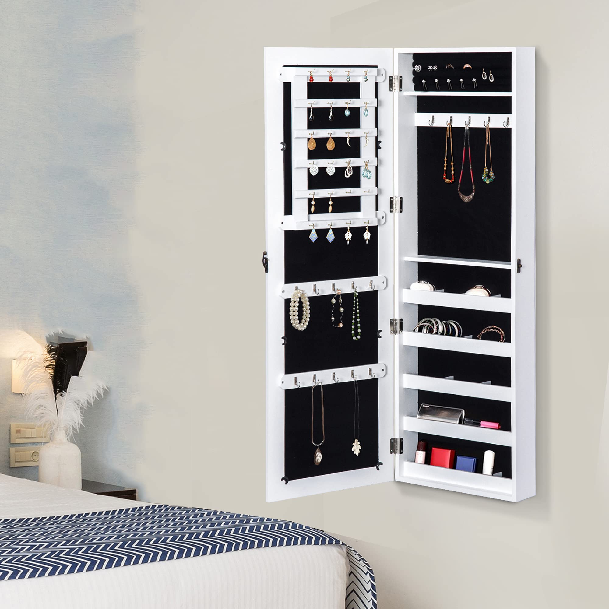 HOMCOM Espejo Joyero Colgante de Pared Organizador de Joyas con Ganchos 37x9,5x112 cm Blanco