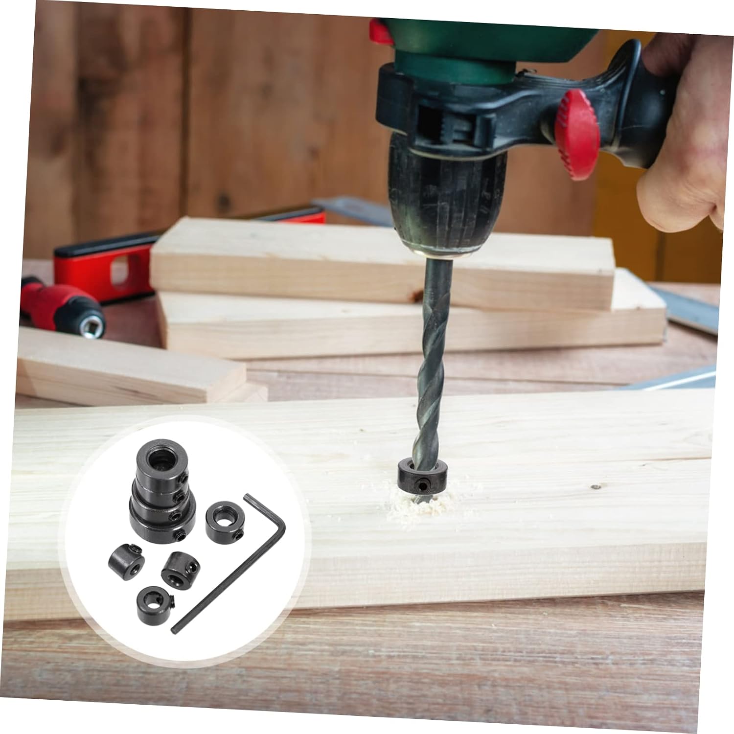 Drill Stop Collar Set with Wrench, Carbon Steel Depth Limiter