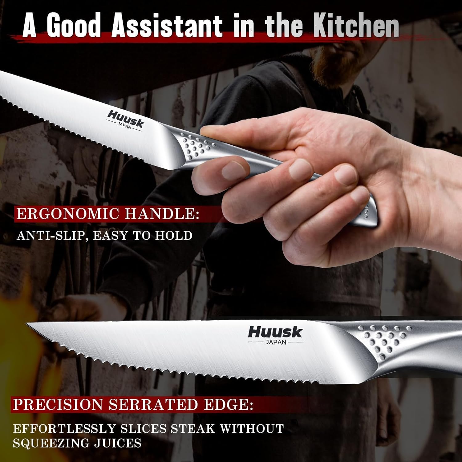 Huusk Serrated Steak Knives Set - 4.5" Japanese Stainless Steel Steak Knives Set of 2,Paring Knife Ultra Sharp, 3.5" Small Kitchen Knife