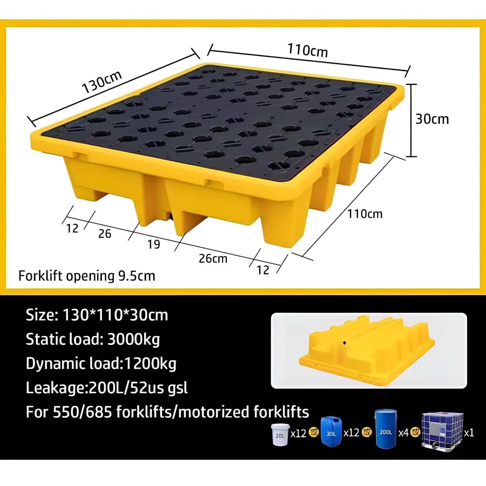 Pallet di contenimento in polietilene, Vassoio a Tenuta stagna per fusti di Olio e Serbatoi IBC, capacità di carico 50-4000 kg, 120 x 120 x 18 cm
