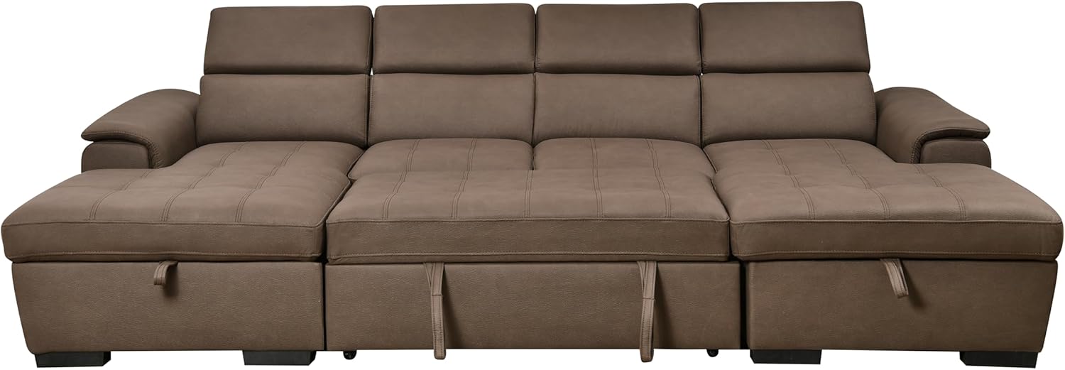 THSUPER 121'' Microfiber Oversized U Shaped Sectional Sleeper Sofa Couch with Pull Out Bed and Double Storage Chaise, Couches with Adjustable Headrest for Living Room. Dark Brown | Non-modular, Easy to assemble, Well-made sofas, Breathable material, High-Quality Sofa