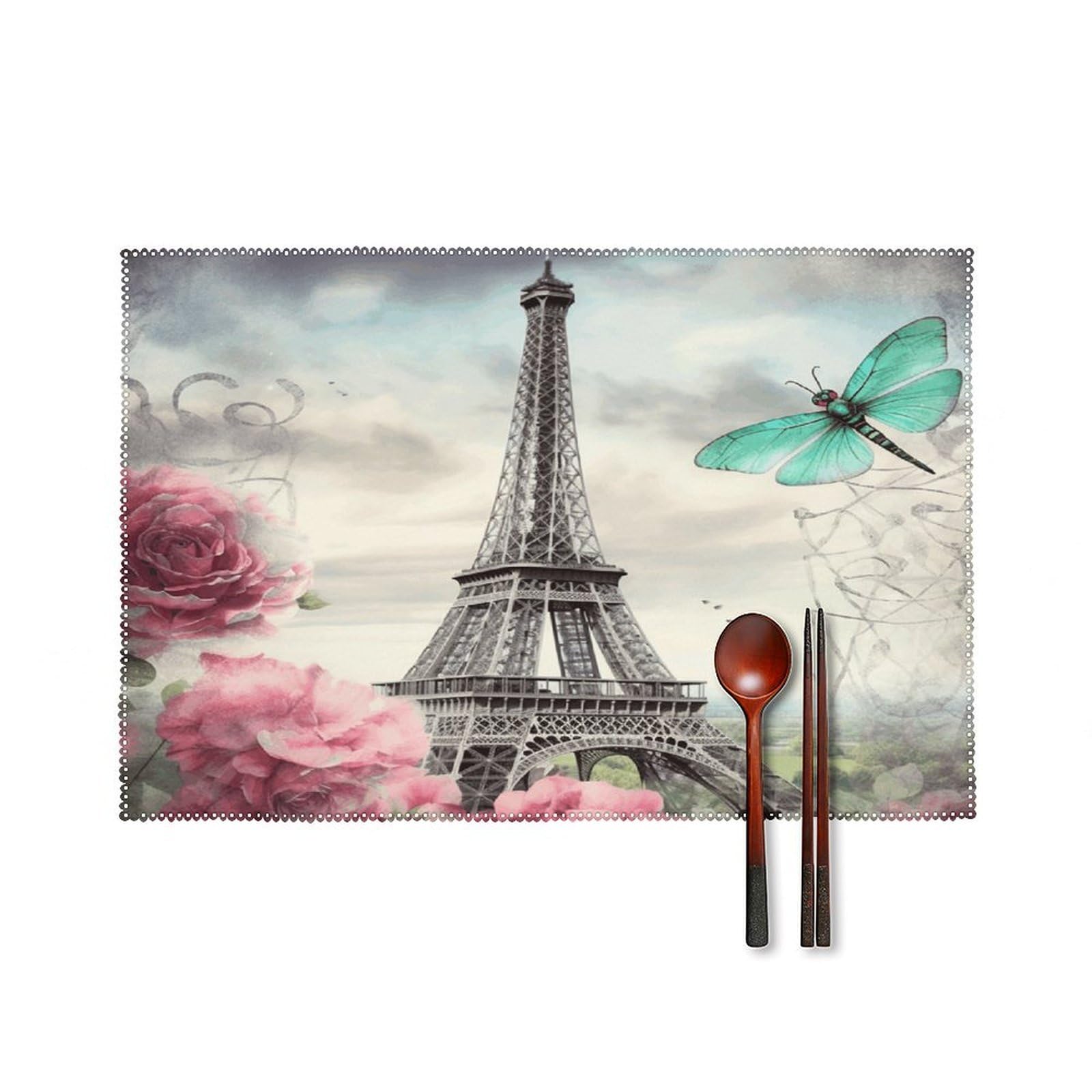 Dragonfly French Tower Placemats Washable Canvas Place Mats Decoration Placemat for Dining Table Easy to Clean Tables Mat Set of 6 for Kitchen Dining Room Coffee Table