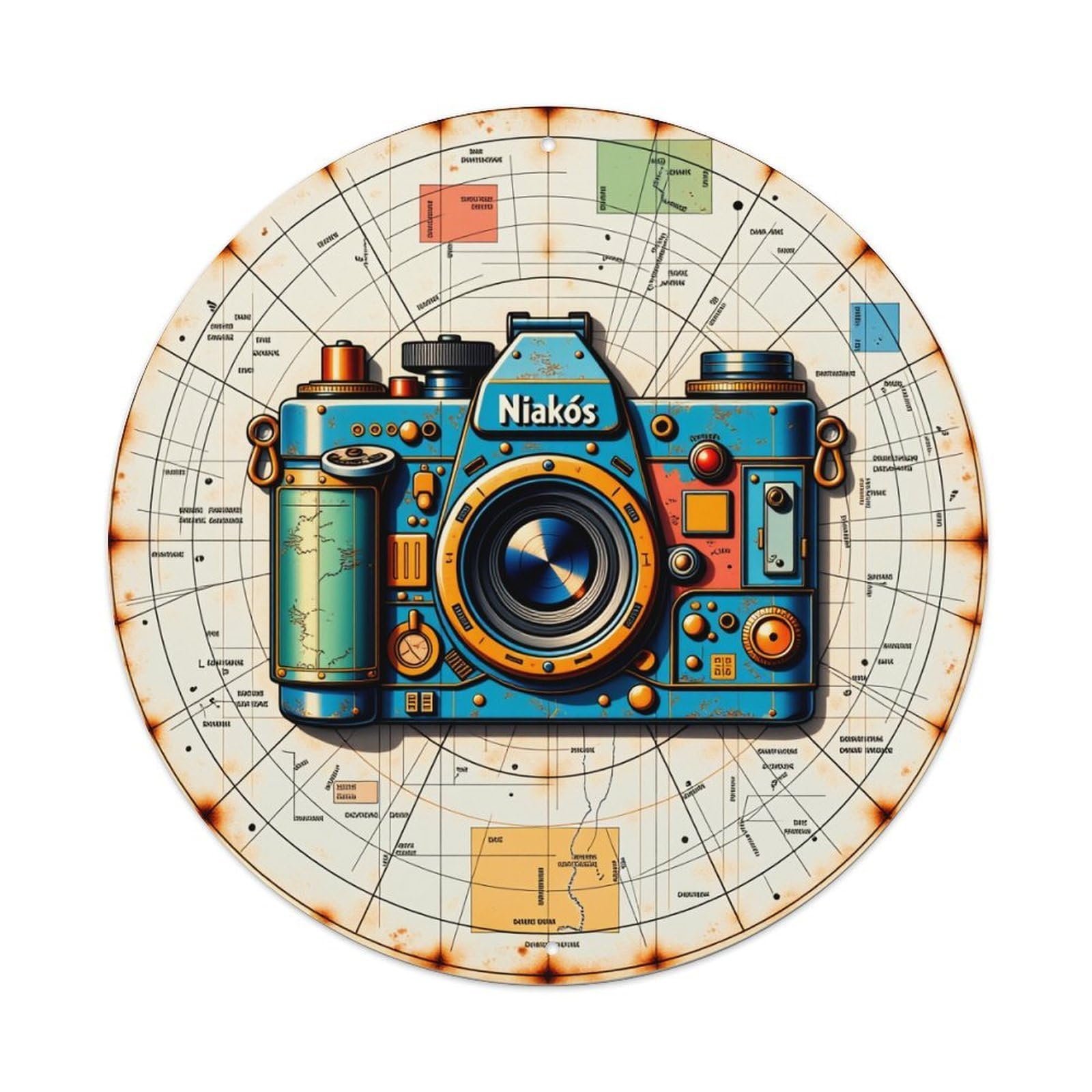 Retro Camera Map Design Art Vintage Metal Tin Sign Retro Wall Decor for Home Bar Garage Cafe, Indoor & Outdoor Decorative，circle Metal Poster, 8x8 Inch
