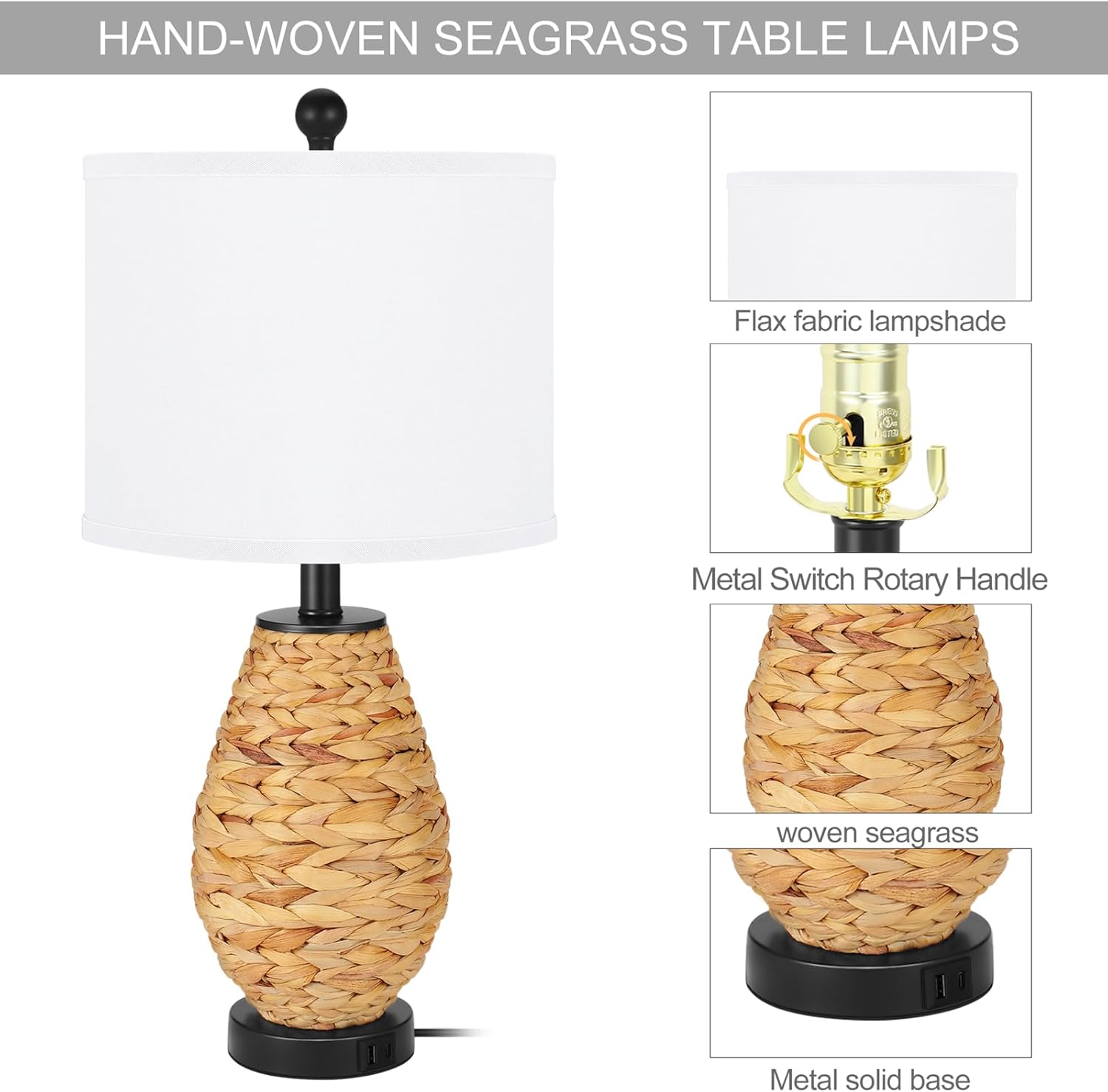 Coastal Table Lamps Set of 2, Retro Natural Seagrass Rattan Woven 24" Bedside Lamp, for Bedroom Living Room Home Nightstand Table Lamp(with USB C+A 5V 2.1A Charging Ports)