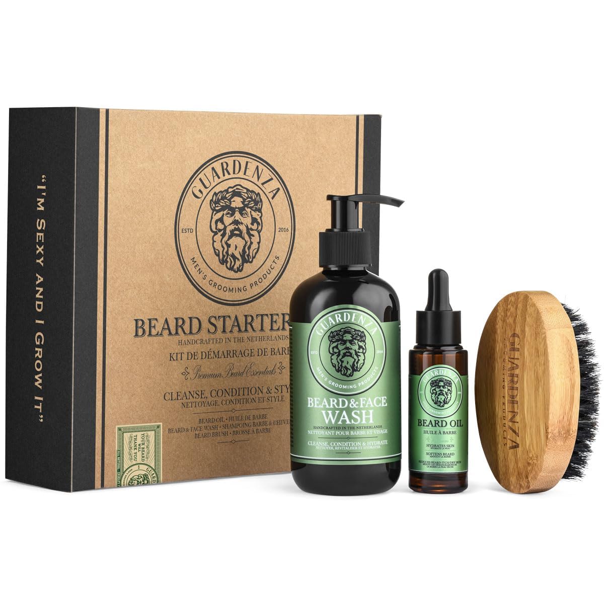 guardenza Kit de iniciación de barba – Barba Petróleo, barba y lavar la cara – Cepillo de barba