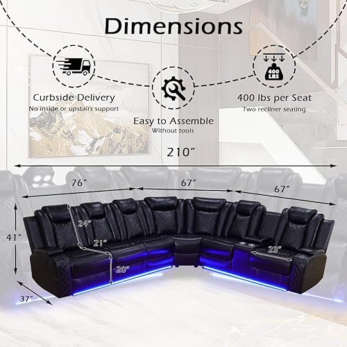 Miniatura 2 de Juego de sofá seccional reclinable con potencia para juegos de muebles de sala, juego de sofá reclinable de cuero con luces LED/almacenamiento