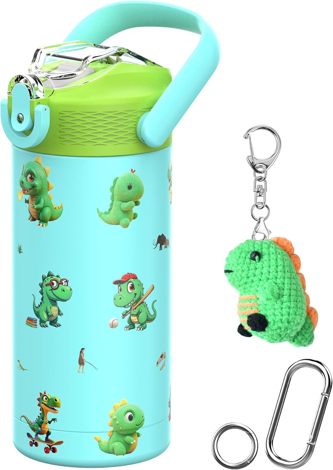 14oz/400ml Insulated Kids Water Bottle, Odor-Free Surgical Grade Liner, Dishwasher-Safe, Name Spot, Soft Sipper, Gift for Dino Fan (Dinosaur)