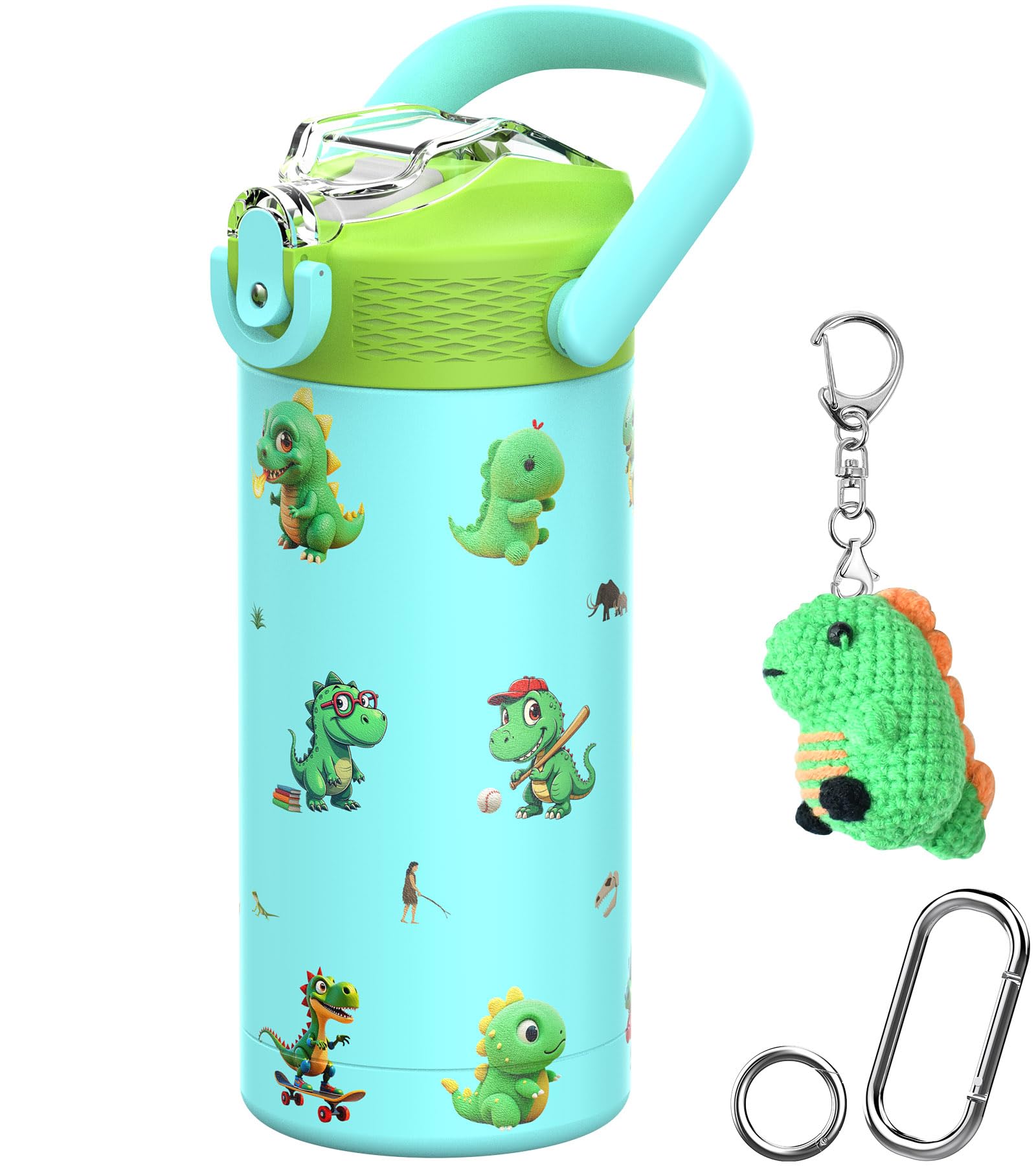 MYFOREST 14oz/400ml Insulated Kids Water Bottle, Odor-Free Surgical Grade Liner, Dishwasher-Safe, Name Spot, Soft Sipper, Gift for Dino Fan (Blue.