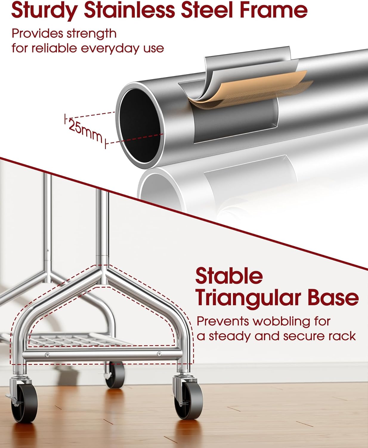 Heavy Duty Clothes Rack - Garment Rack with Extendable Side Rods & Bottom Shoe Shelf, 25mm Stainless Steel Frame with Wheels, 49.8–74.8'' x 62.6'' x 16.5'', Silver