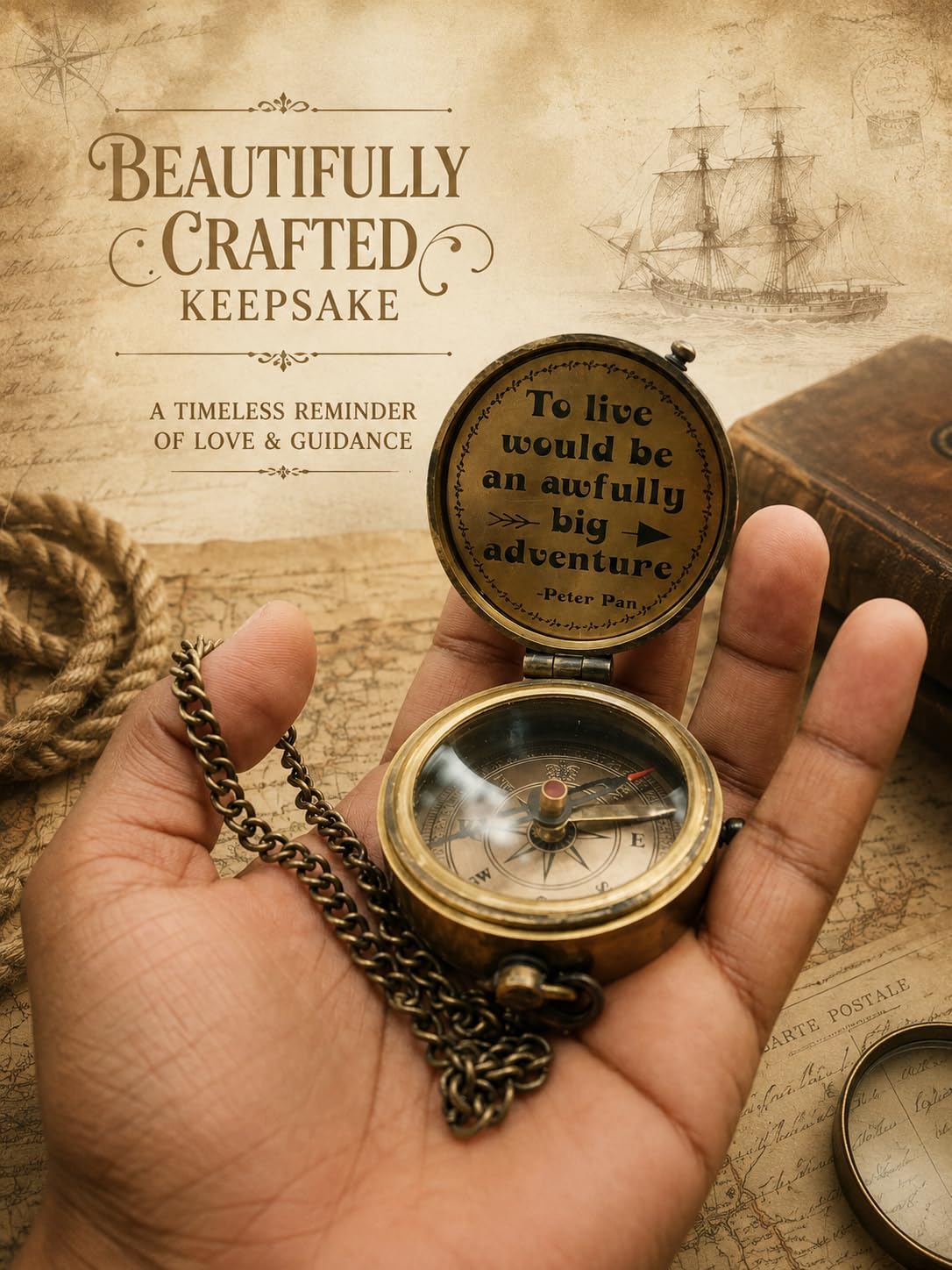 to Live Would Be an Awfully Big Adventure Antique Nautical Vintage Inspirational Quote Engraved Compass with Wooden Box Scripture - Peter PAN, Camping Compass, Graduation Day, Baptism Gift, Lovers. image 4