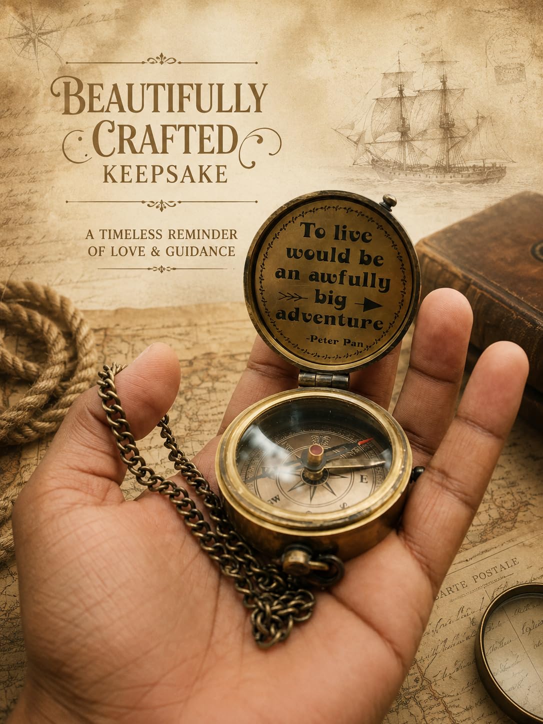 Brújula grabada con cita inspiradora vintage náutica antigua con texto en inglés "To Live Would Be an Awfully Big Adventure" con caja de madera – Peter PAN, brújula de campamento, día de graduación,