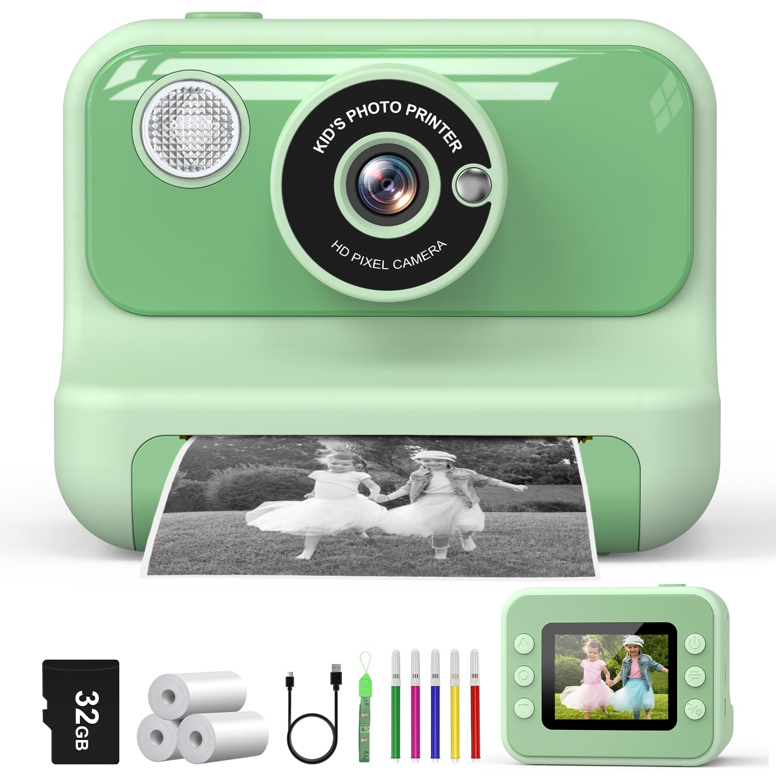 Camara Fotos Infantil Instantanea, 2.4'' Pantalla Cámara Instantánea Niños con Tarjeta 32GB y 3 Rollos de Papel, Regalo de Cumpleaños para Niños y Niñas de 3 a 12 Años